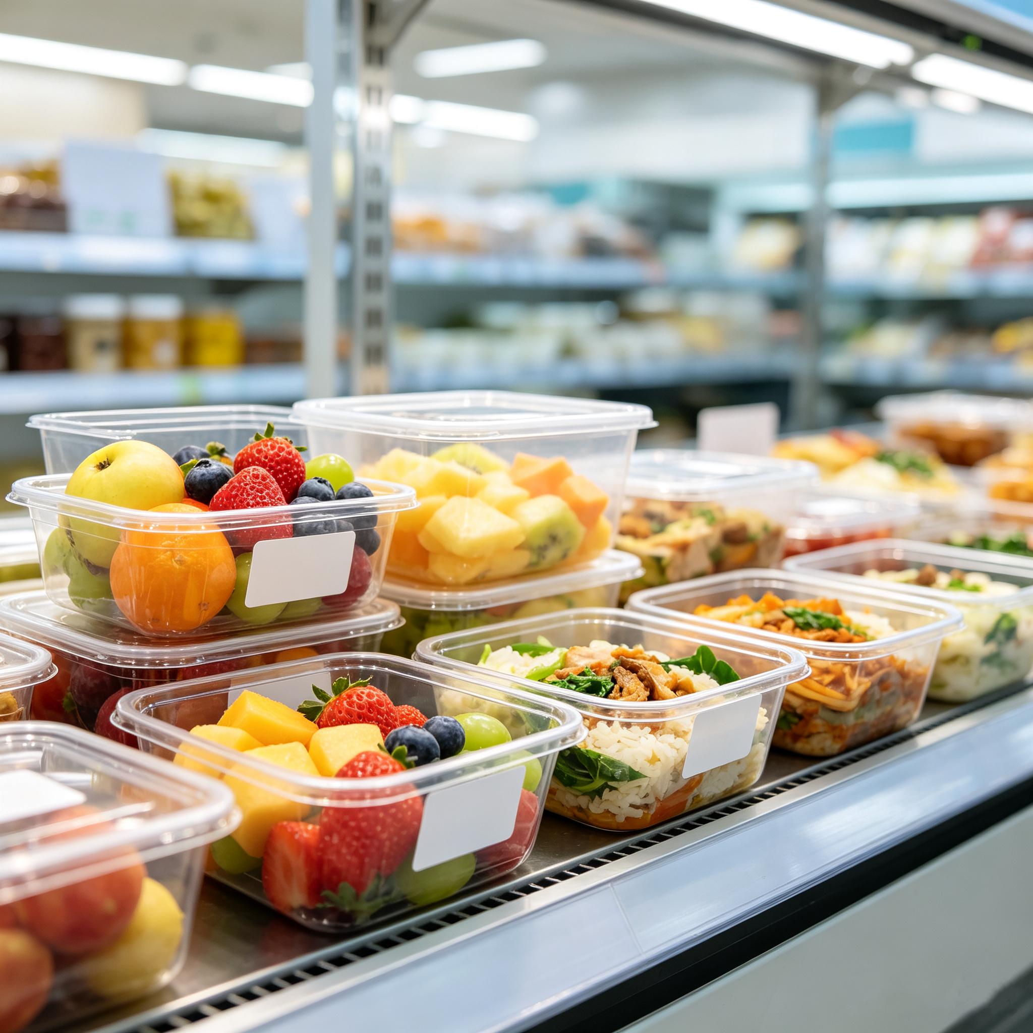 Supermarket retail display of fresh food packaged in PET containers