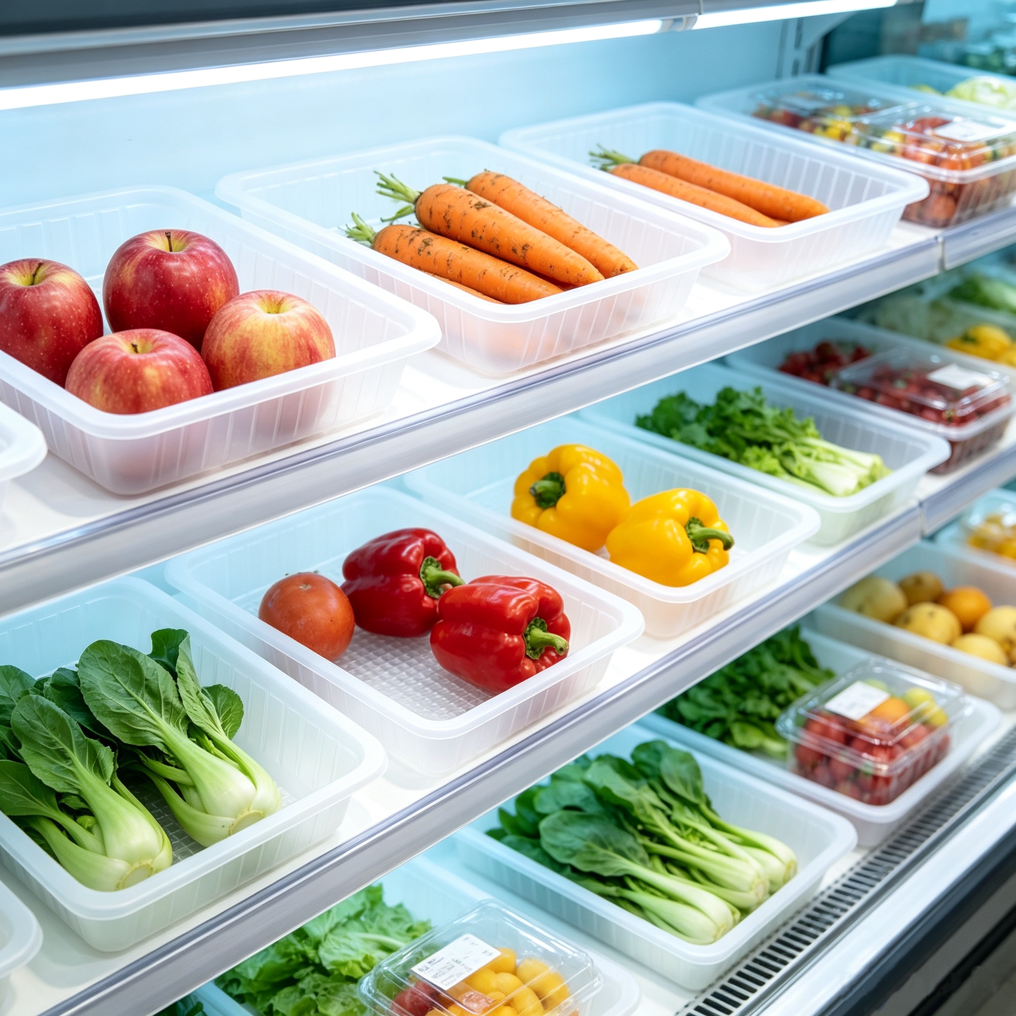 Supermarket fresh food and bakery display using clear packaging containers
