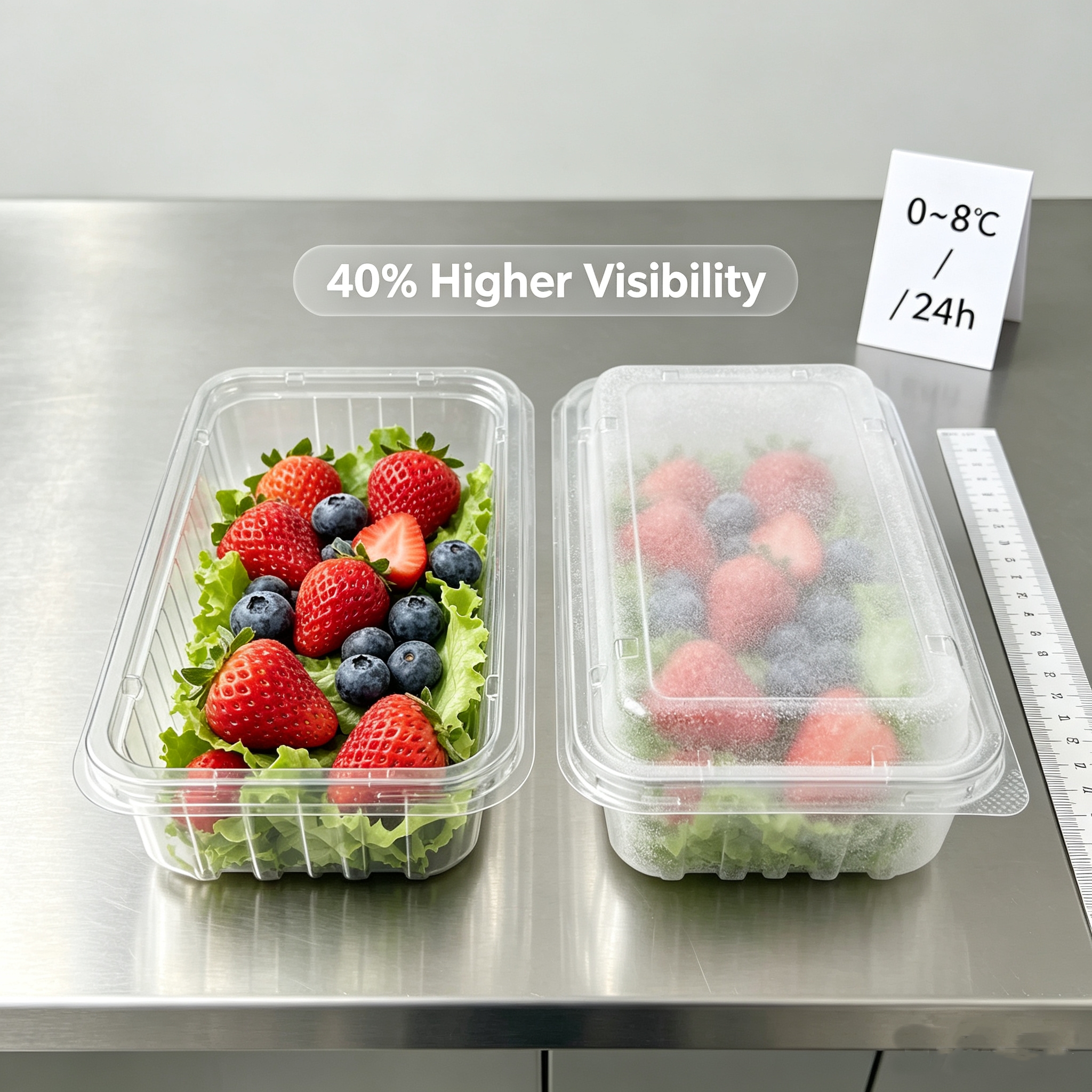 Comparison of PET fresh food packaging visibility during cold storage display