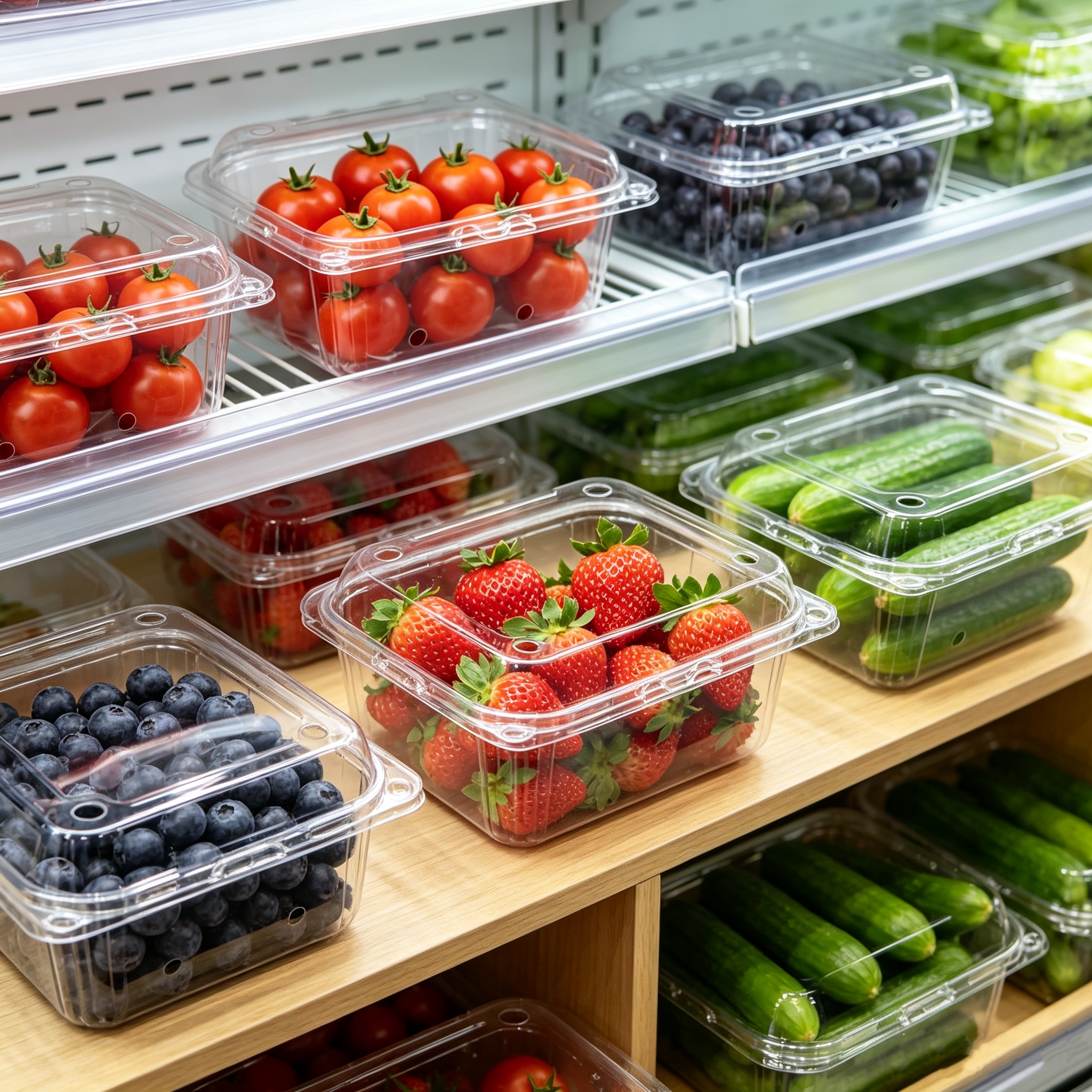 Clear PET fresh produce containers used for fruit and vegetable retail packaging