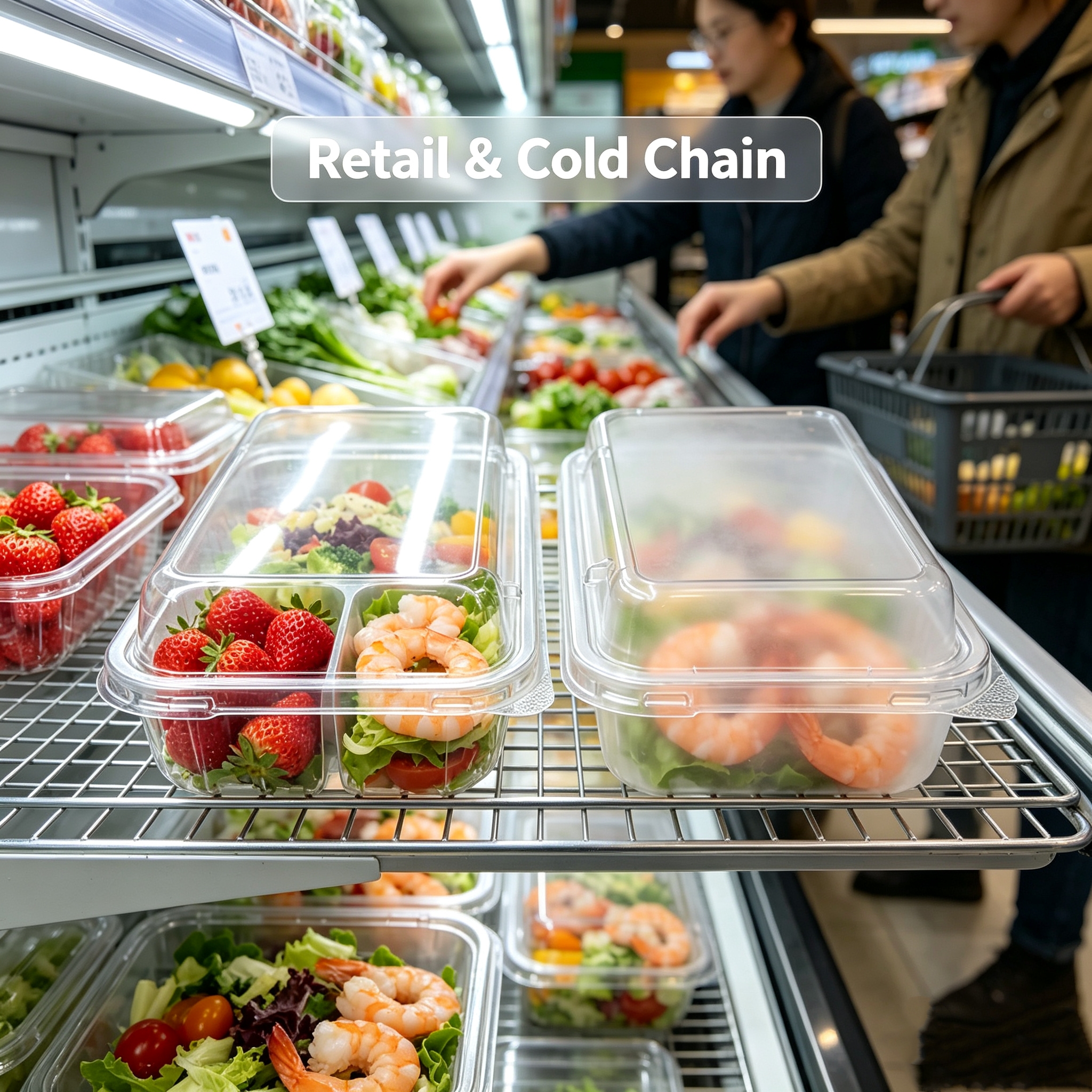 Supermarket retail display using clear fresh produce packaging