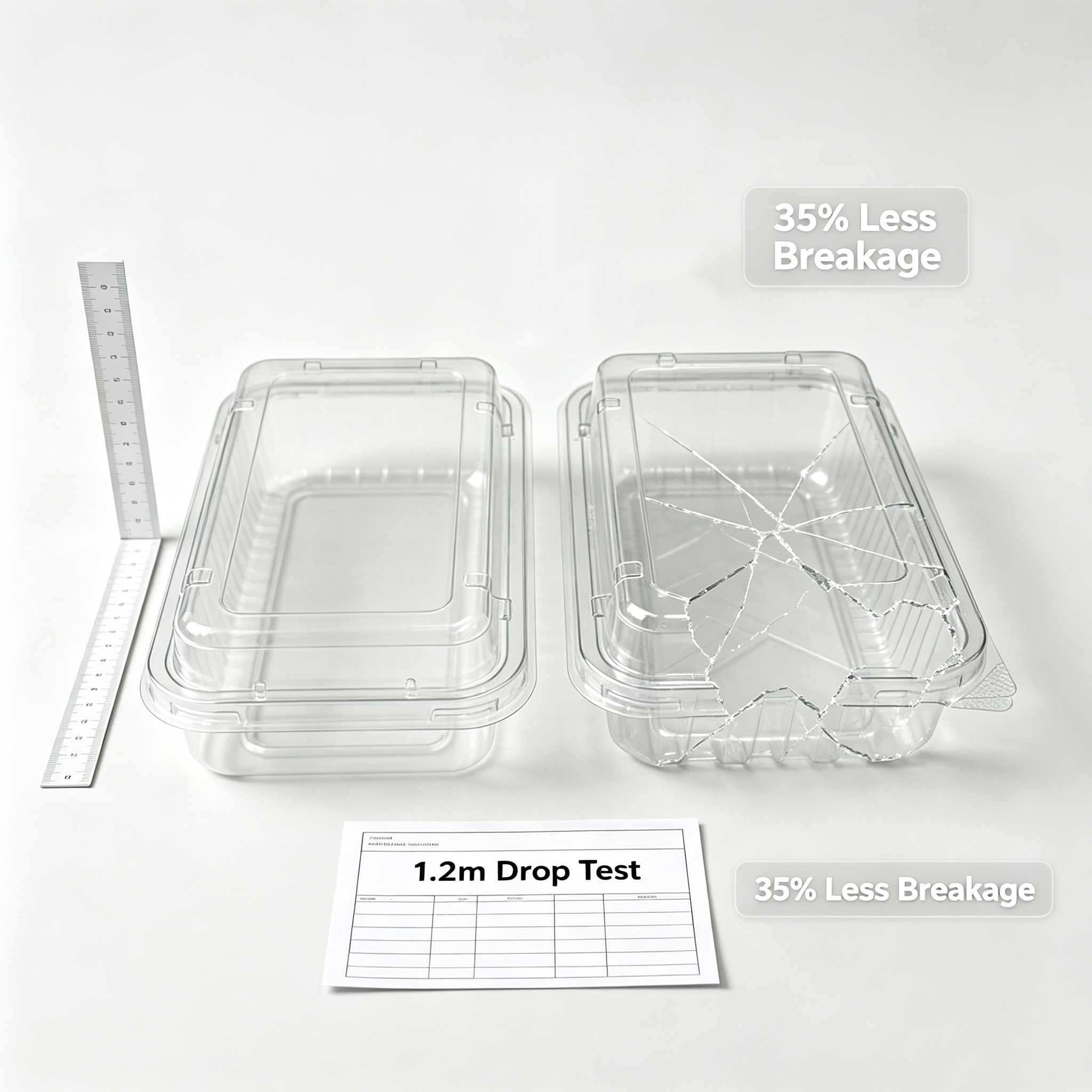 Drop test for reinforced PET fruit and vegetable packaging container
