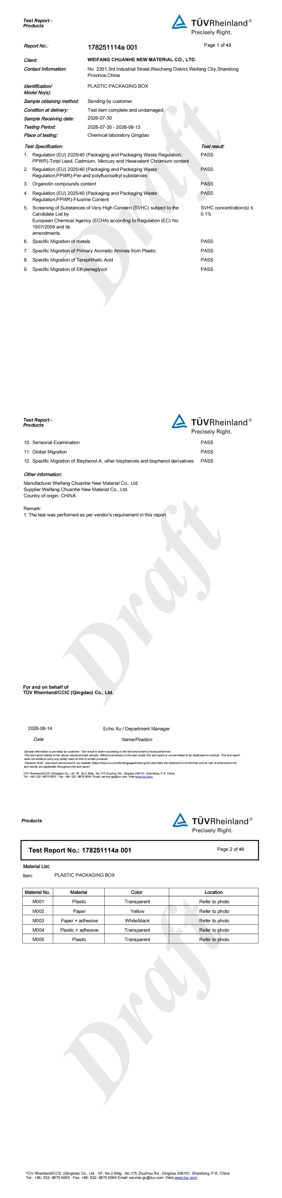 PPWR Product Test Report 178251114a 001 issued by TÜV Rheinland for food-contact plastic packaging