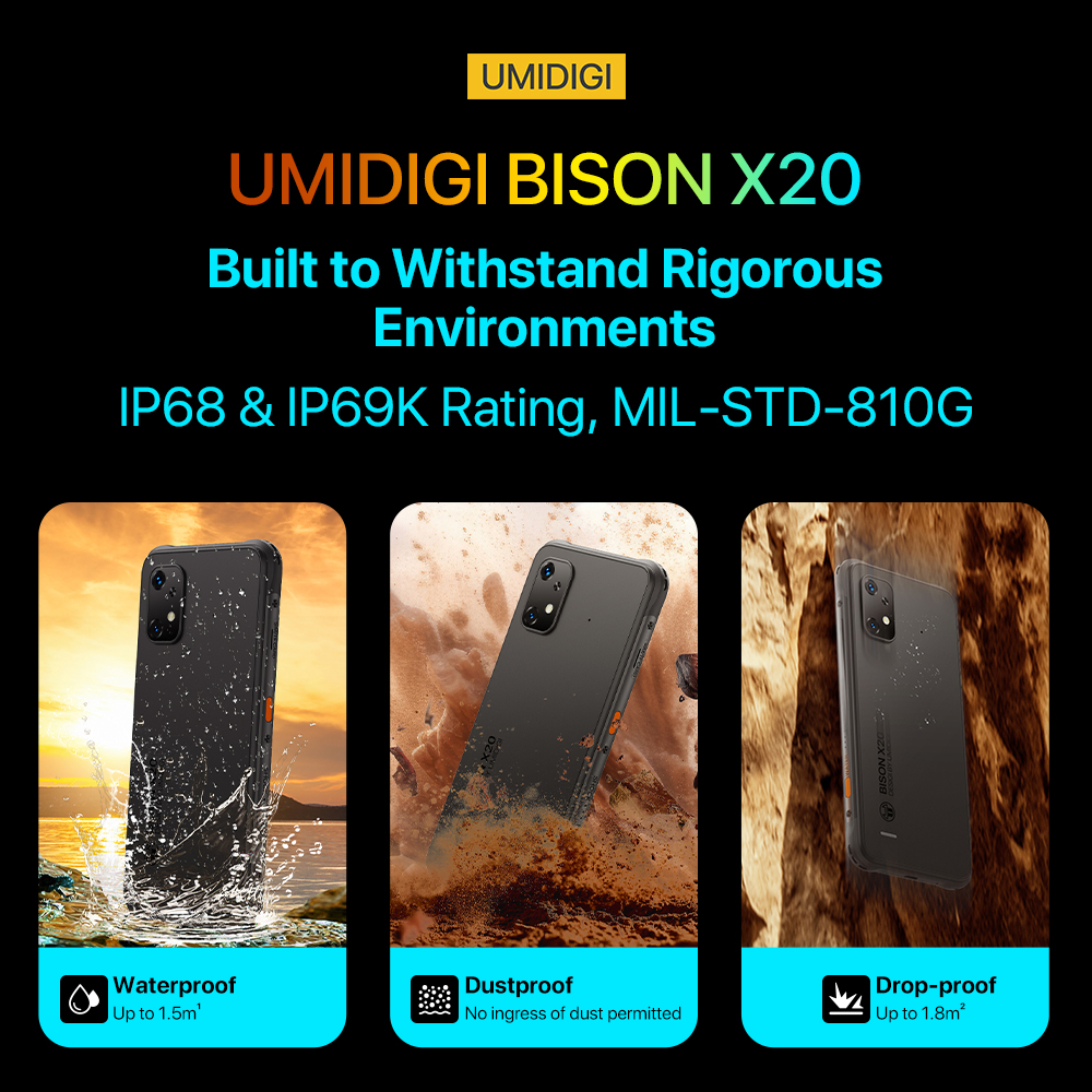 UMIDIGI BISON X20 rugged smartphone with IP68 water and dust resistance