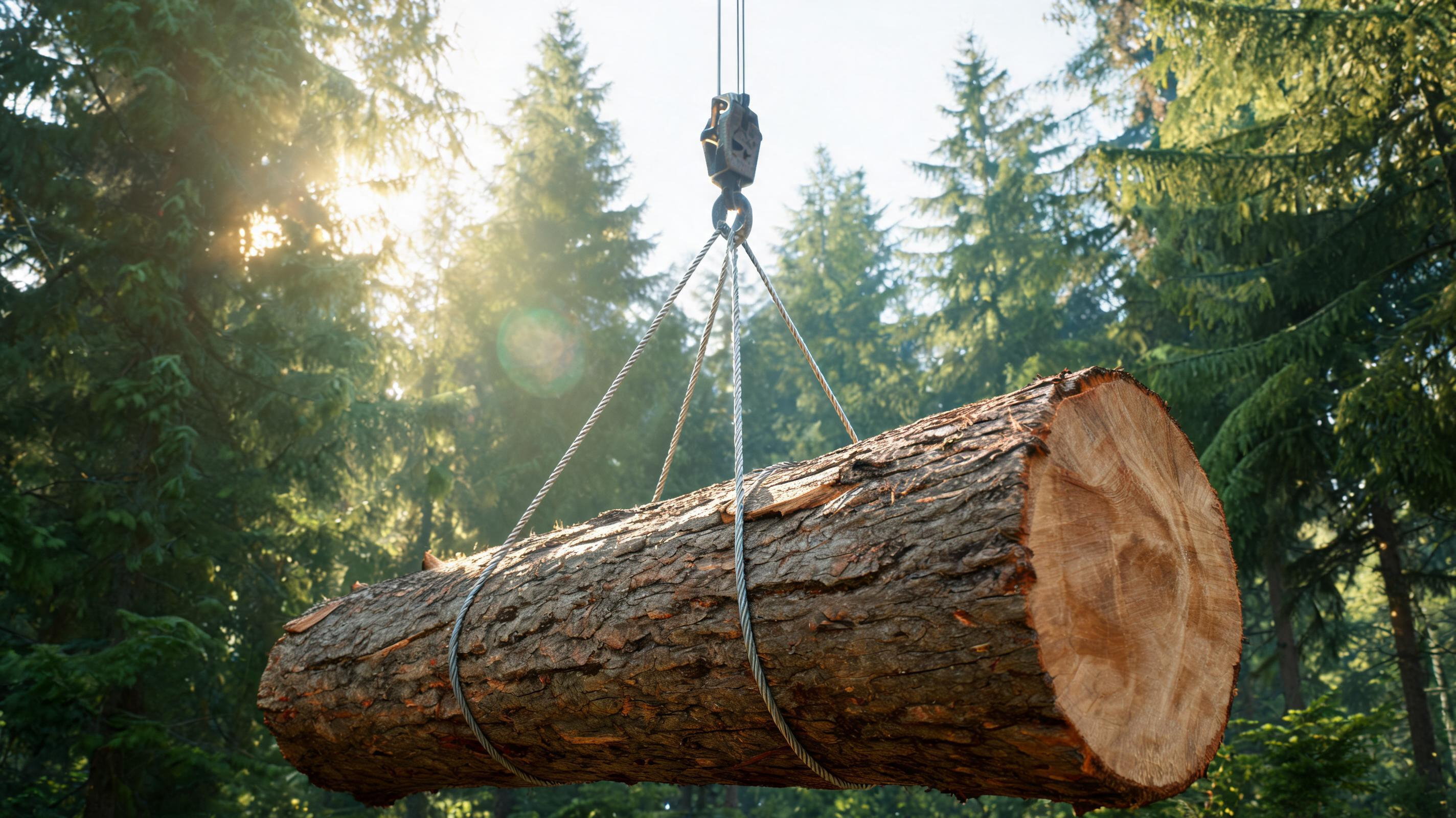 Forestry site where logging wire rope is used for log skidding and timber towing on rugged terrain