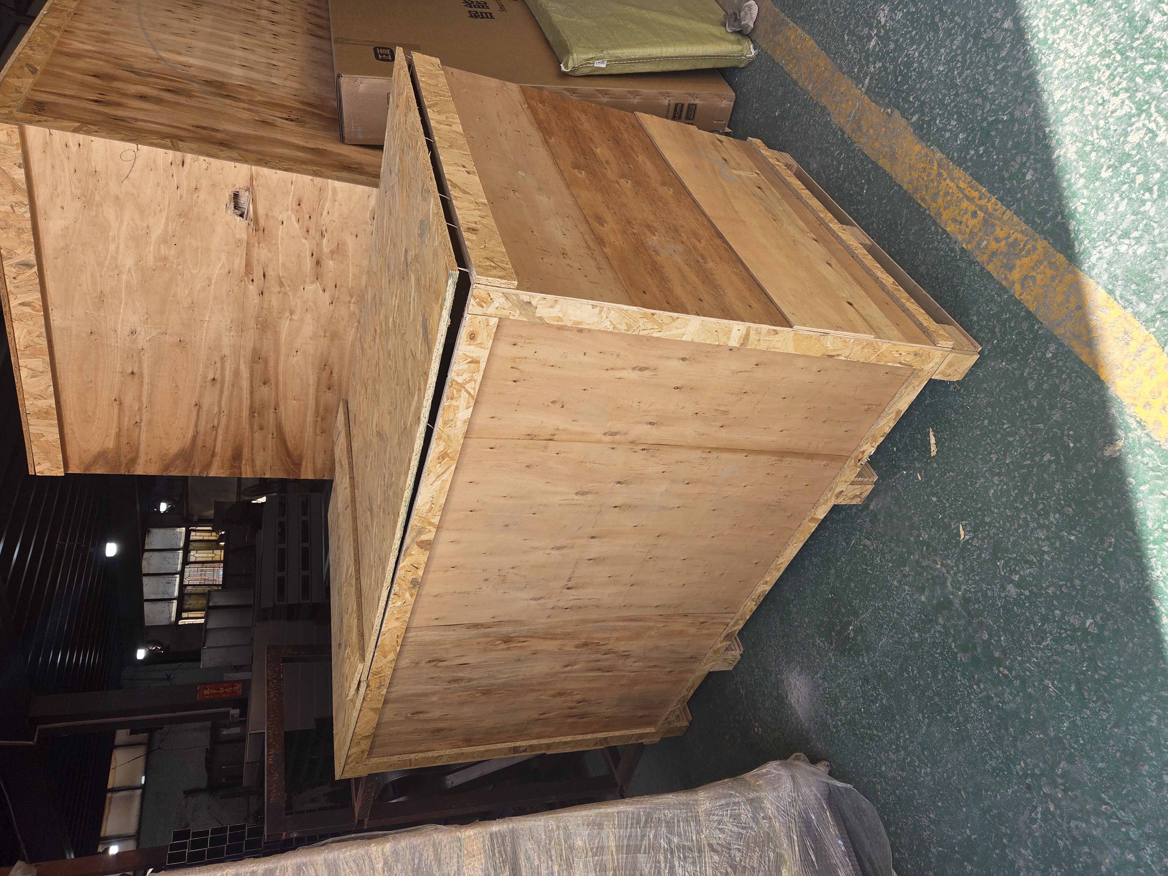 Export crate side view prepared for ocean shipment of laboratory furniture
