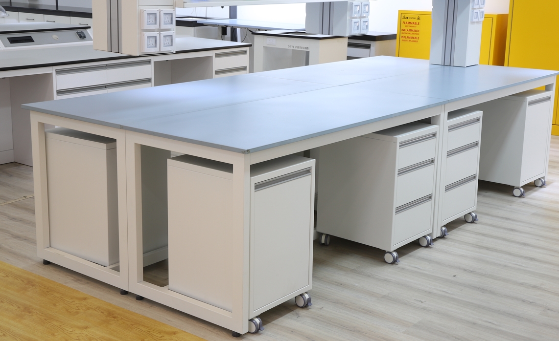 Epoxy resin island bench with reagent rack and sink