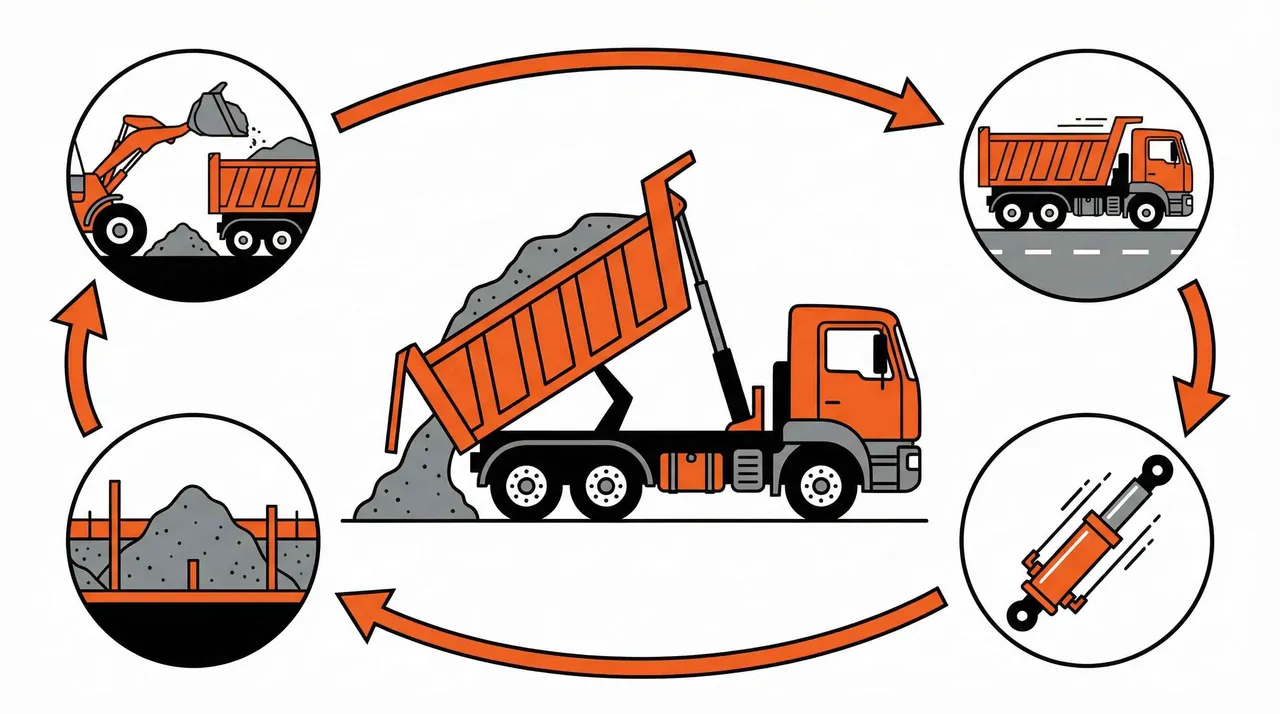 Aggregate hauling dump truck operating with a telescopic hydraulic lifting system