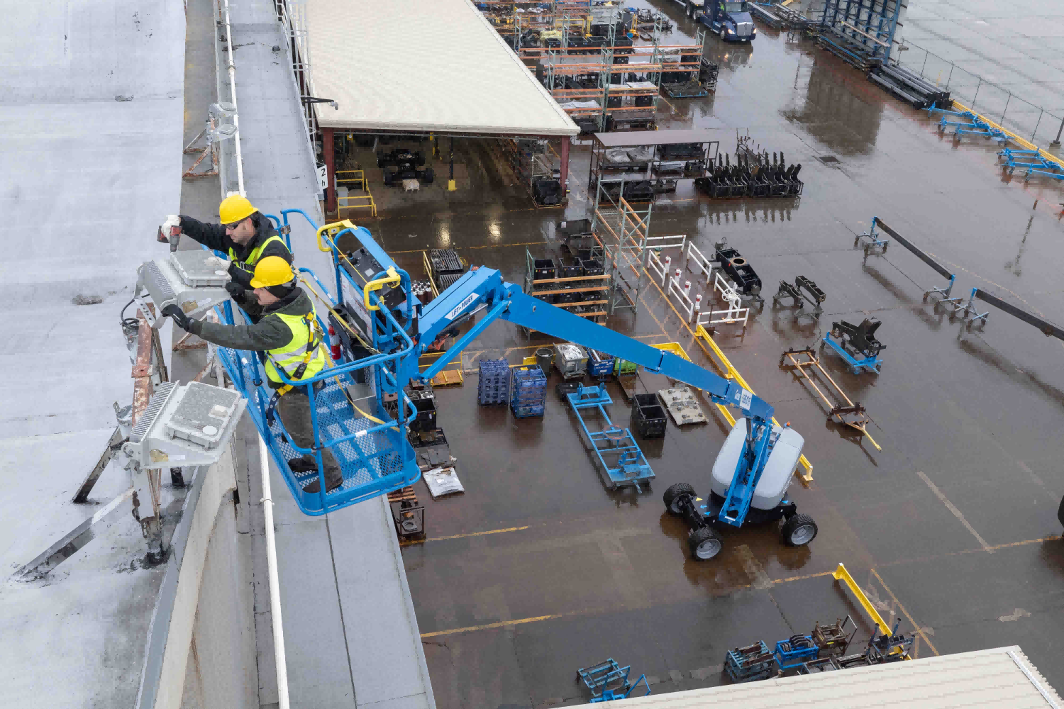 Mobile elevating work platform positioned for industrial maintenance work