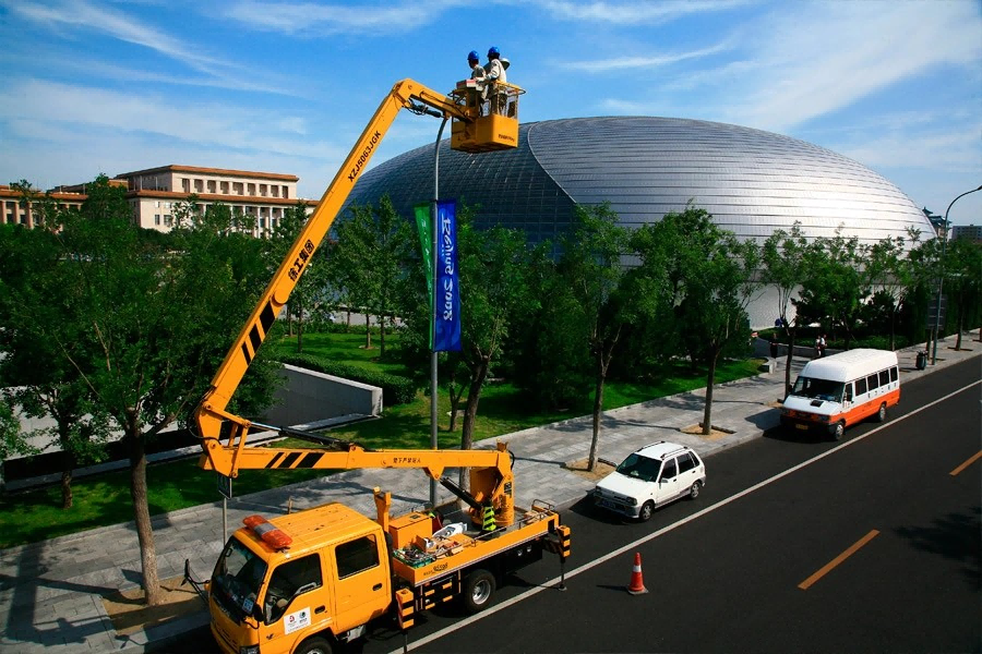 Utility truck hydraulic aerial platform operation powered by a vehicle-mounted hydraulic power unit