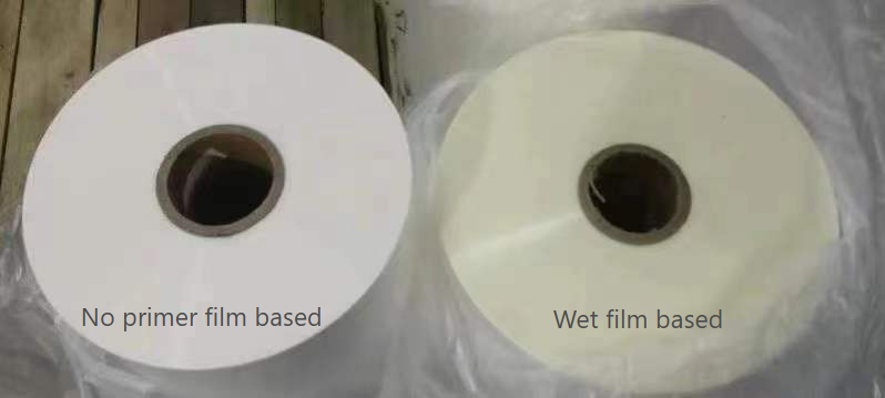 No-primer BOPP thermal lamination film vs primer-coated thermal lamination film construction diagram
