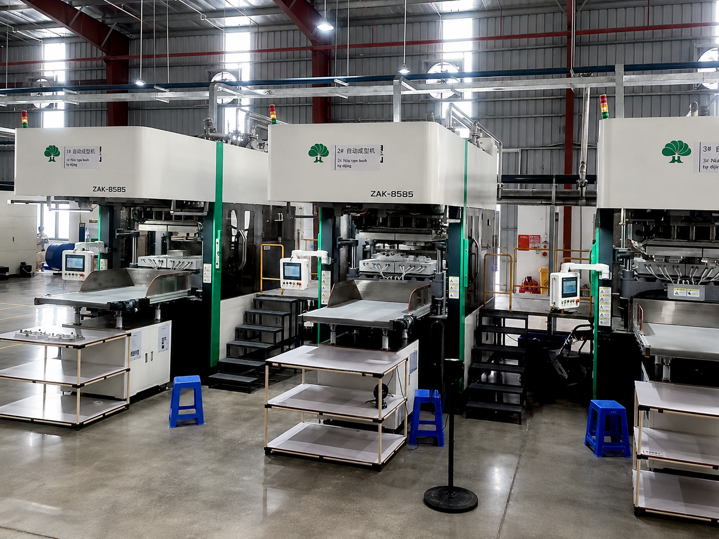 Molded fiber industrial packaging production cell with pulp molding forming machine and downstream handling