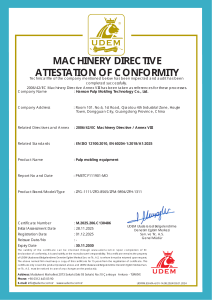 Machinery Directive Attestation of Conformity for ZFG Series Pulp Molding Equipment