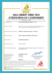 Machinery Directive Attestation of Conformity for Pulp Molding Equipment