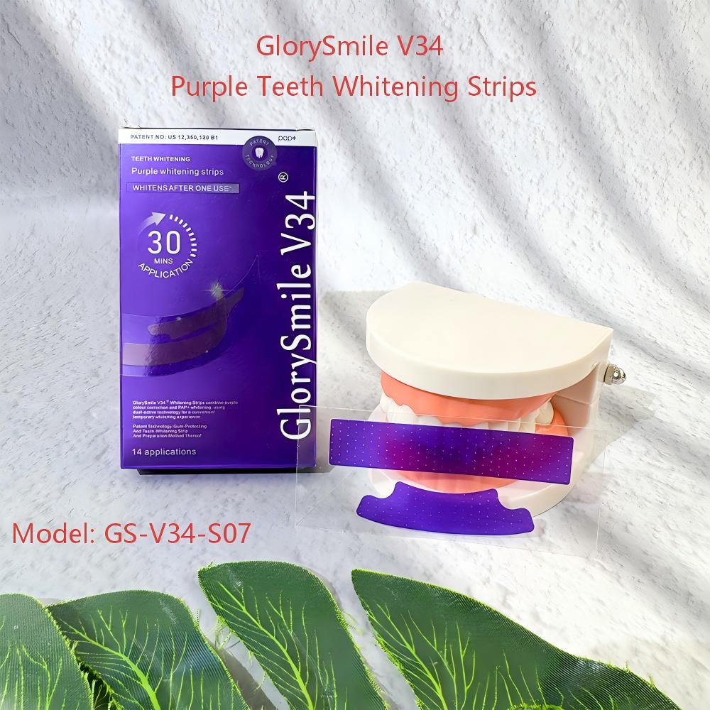 Glorysmile GS-V34-S07 purple teeth whitening strips in a sealed pouch