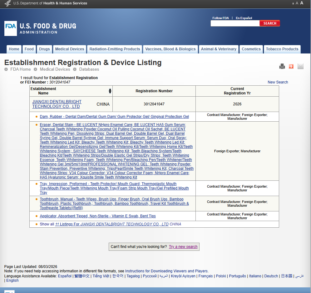 FDA medical device registration document for oral care products