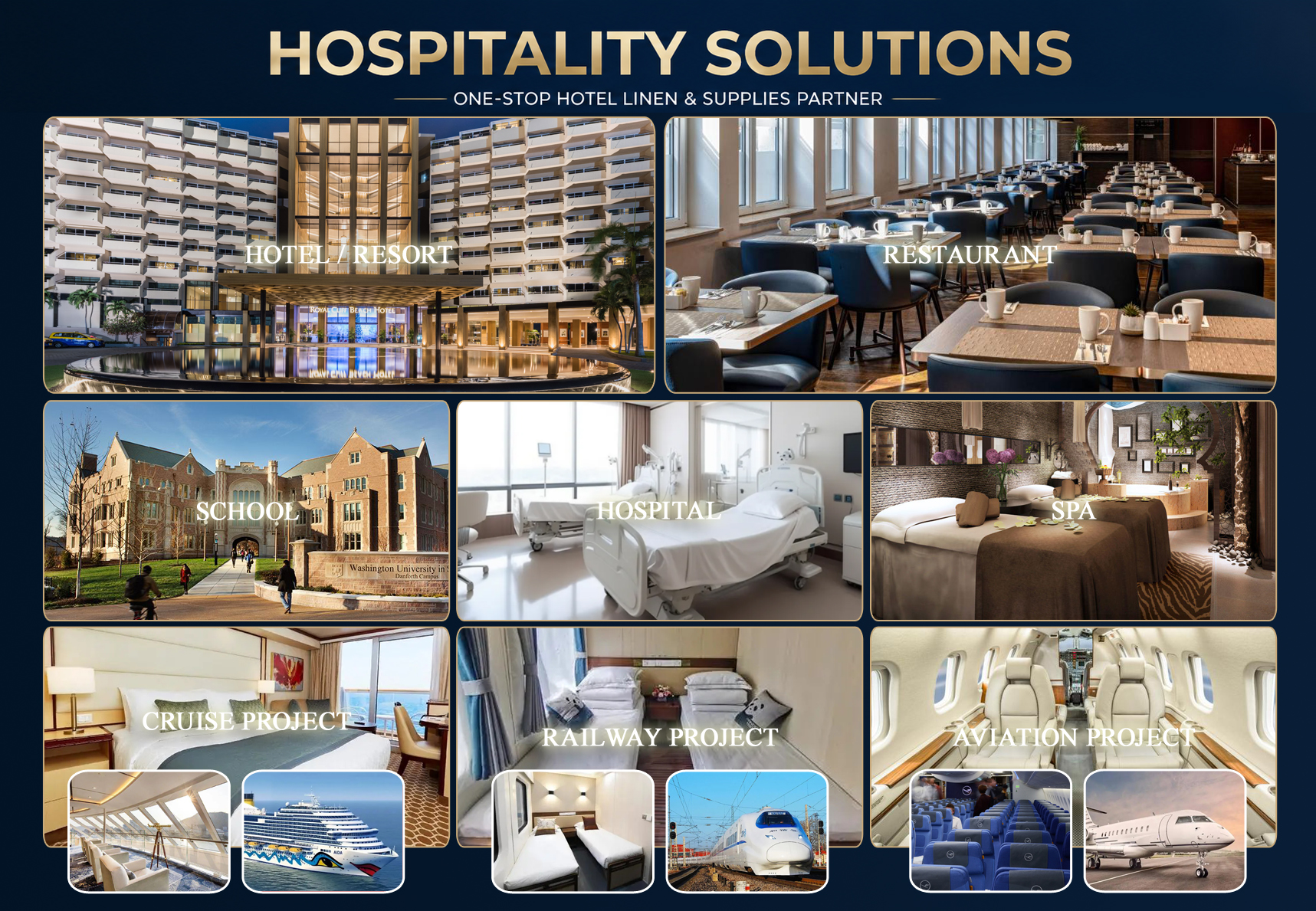 Hotel guestroom, bathroom and restaurant application scenario for one-stop hotel textile procurement