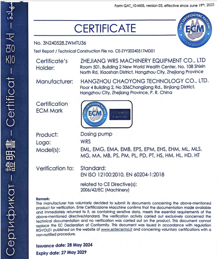 CE certificate for WRS dosing pump series issued by ECM