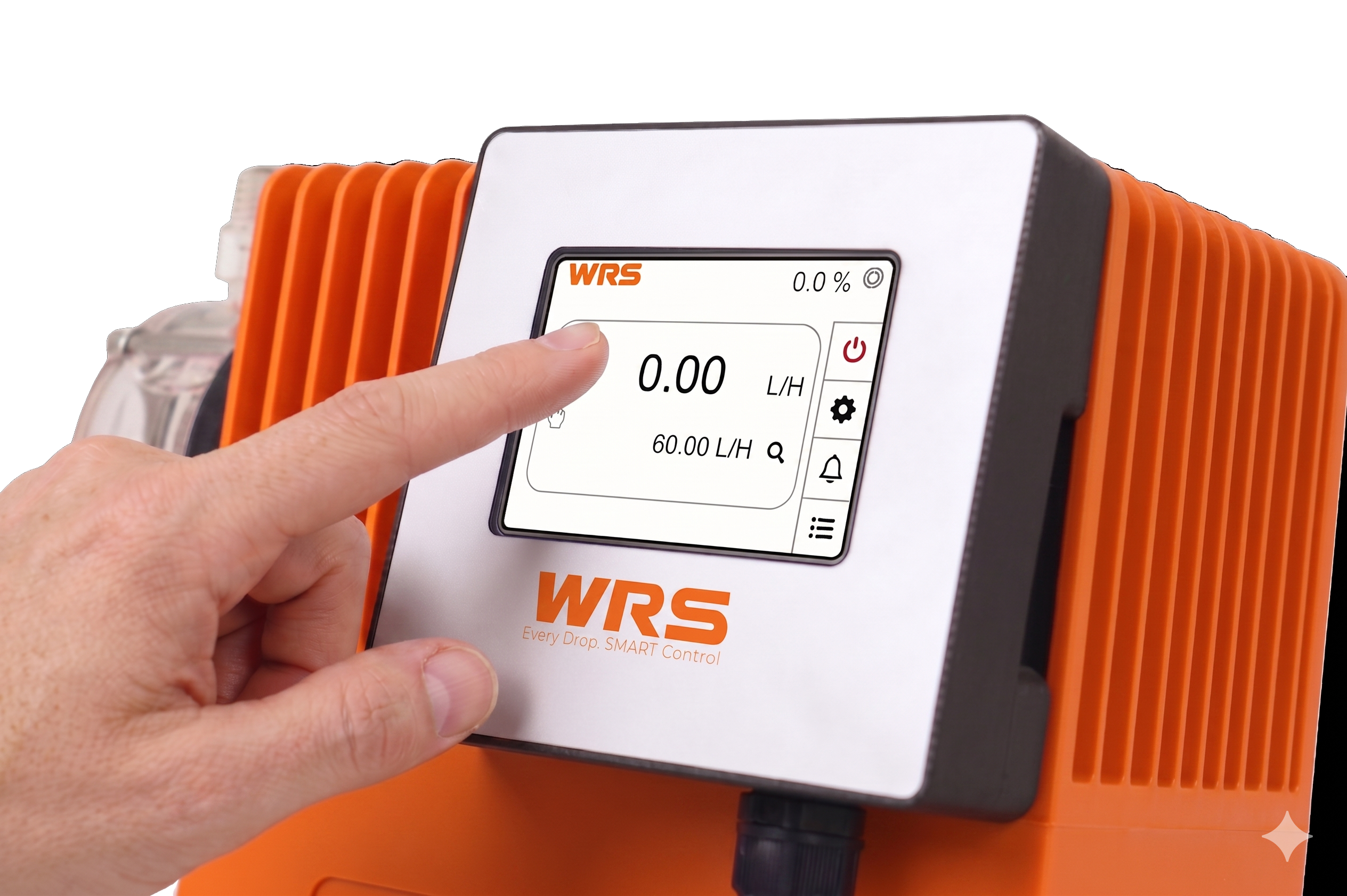 Digital dosing pump controller screen showing flow parameters and remote control settings