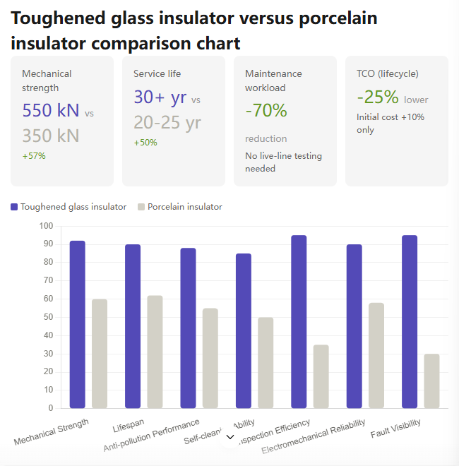Toughened glass insulator versus porcelain insulator comparison chart