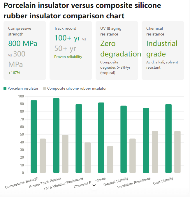 Porcelain insulator versus composite silicone rubber insulator comparison chart