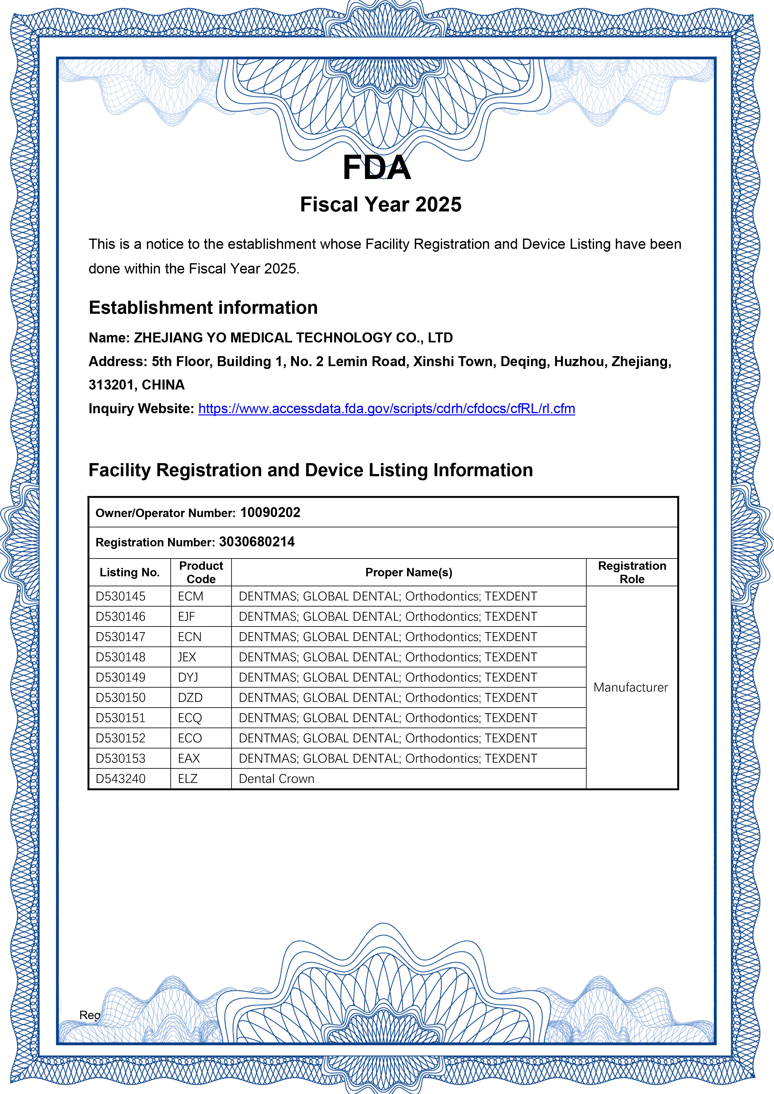 FDA registration documentation for Yortho orthodontic devices