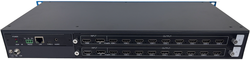 Rear panel of the BIT-VWC-218Pro video wall controller with HDMI 2.0 and DisplayPort 1.2 inputs and 18 HDMI 1.3 outputs