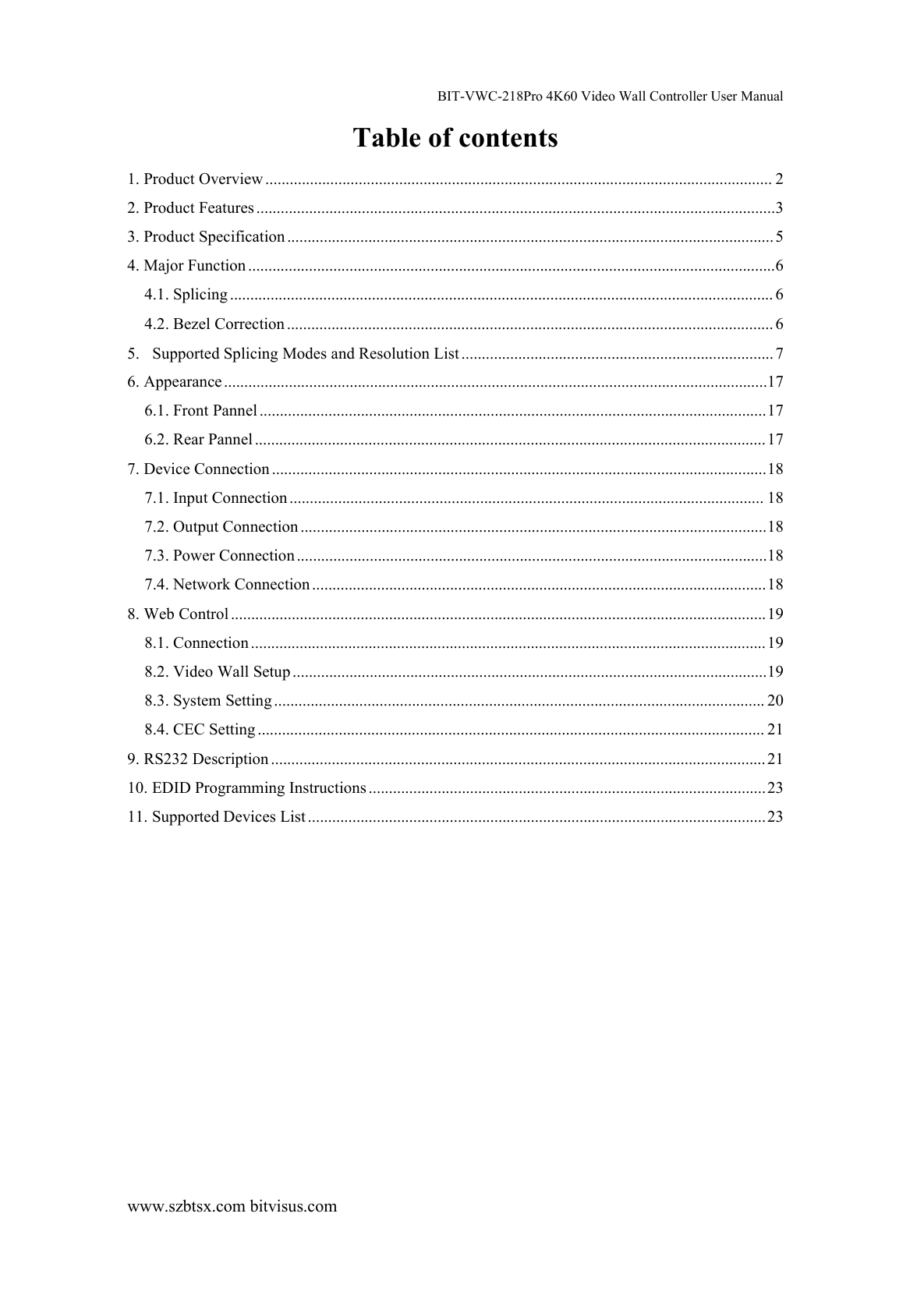 BIT-VWC-218Pro-User Manual-Table of Contents