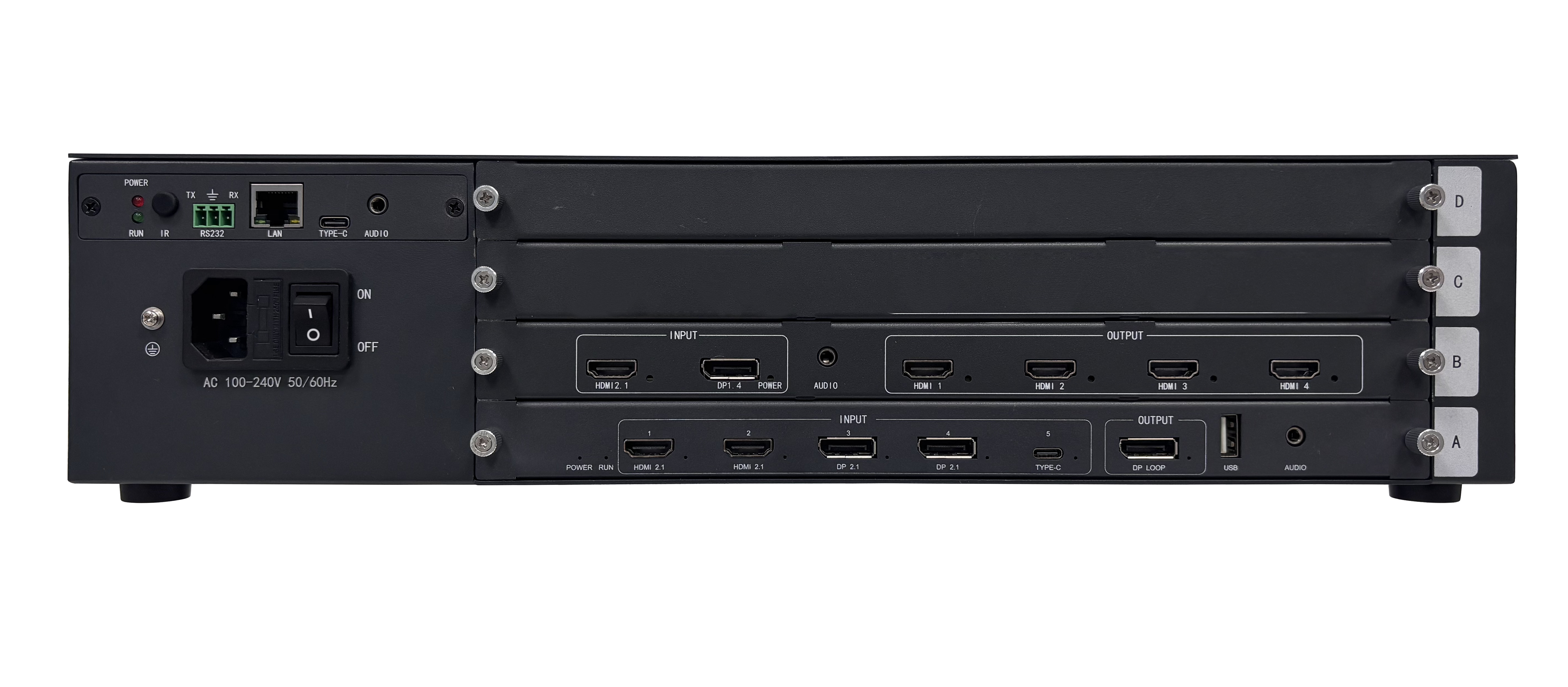 Rear panel of a Bitvisus 8K60 video wall controller showing HDMI 2.1, DisplayPort 2.1, Type-C, RS232 and LAN control ports