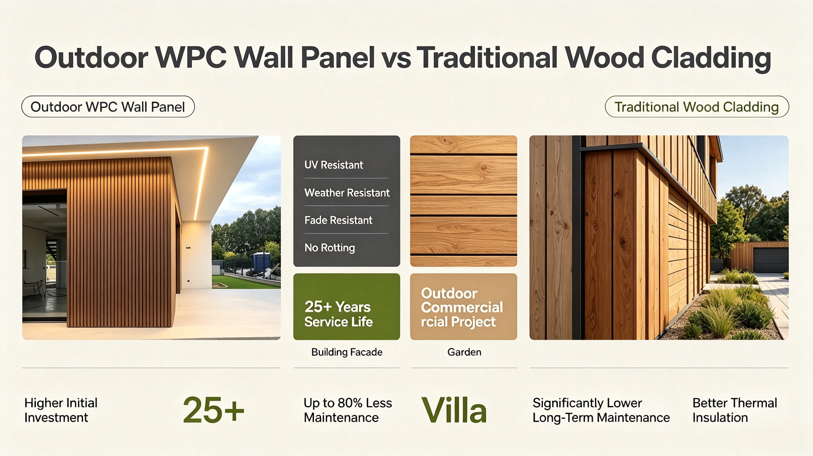 Outdoor WPC wall panel compared with traditional wood cladding for exterior facades