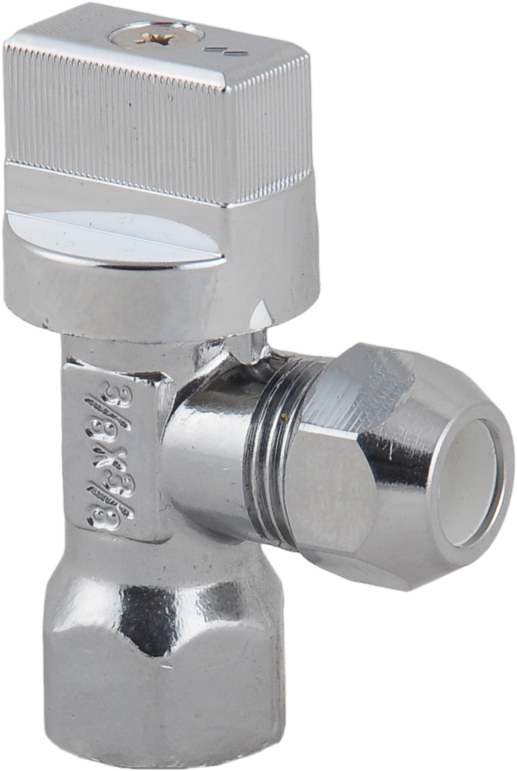 Brass angle valve installed behind a toilet as a local shut-off point