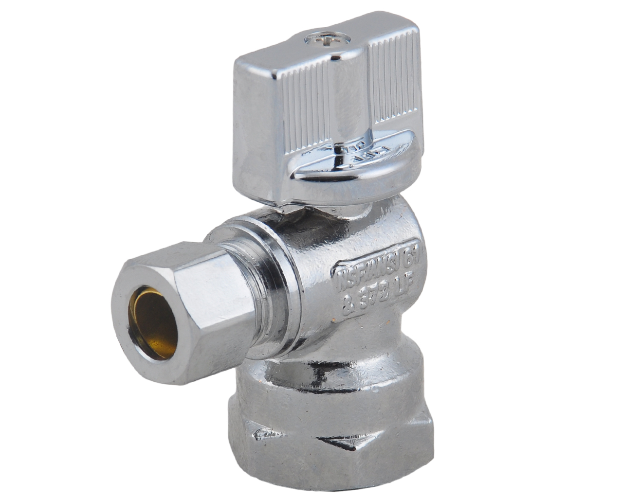 Brass angle valve installed at bathroom sink supply line
