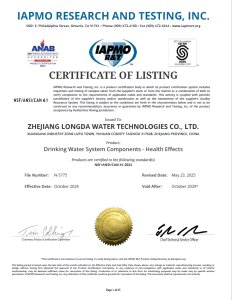 Certificate of Listing (NSF/ANSI/CAN 61)
