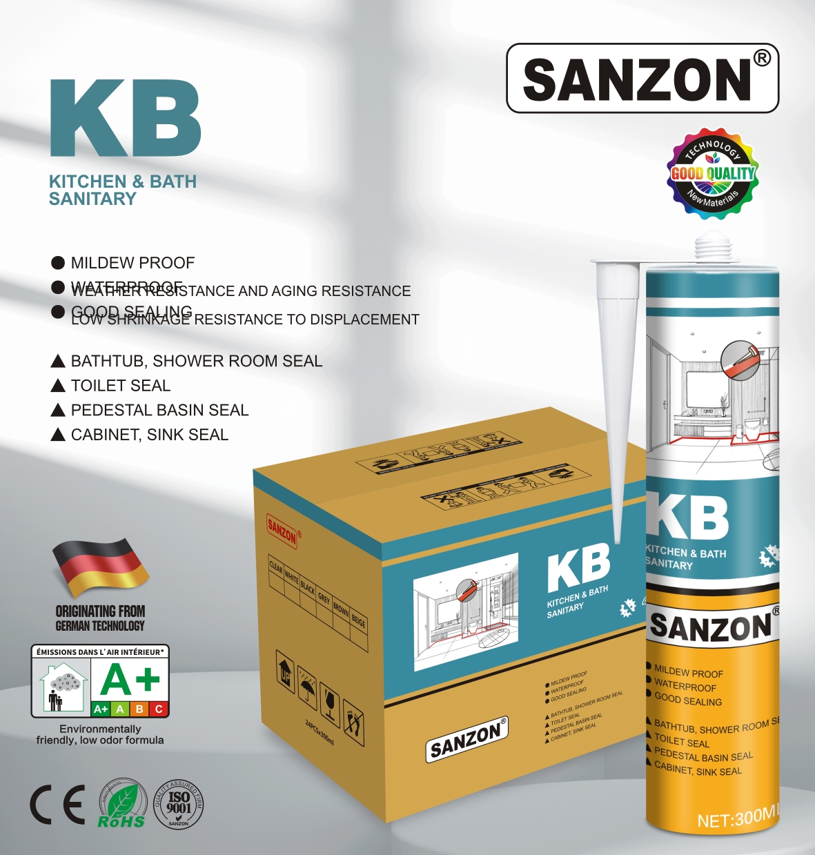 SANZON KB mold resistant sanitary silicone sealant for kitchens and bathrooms