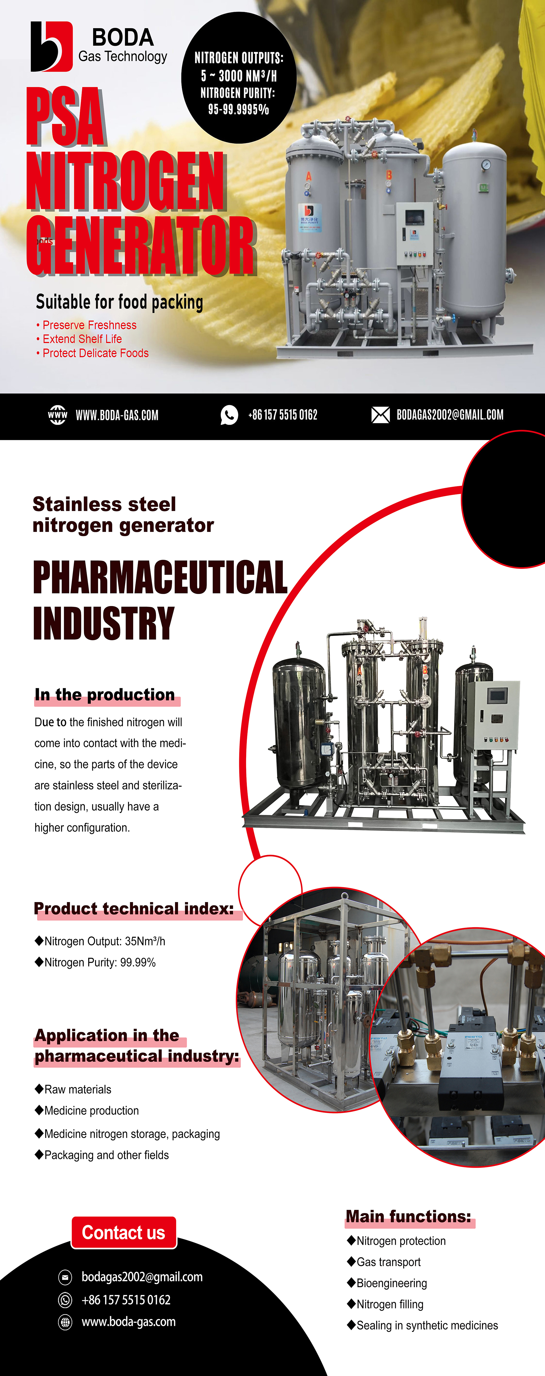 SS304 stainless steel nitrogen generator piping and vessel for food, beverage and pharmaceutical duty
