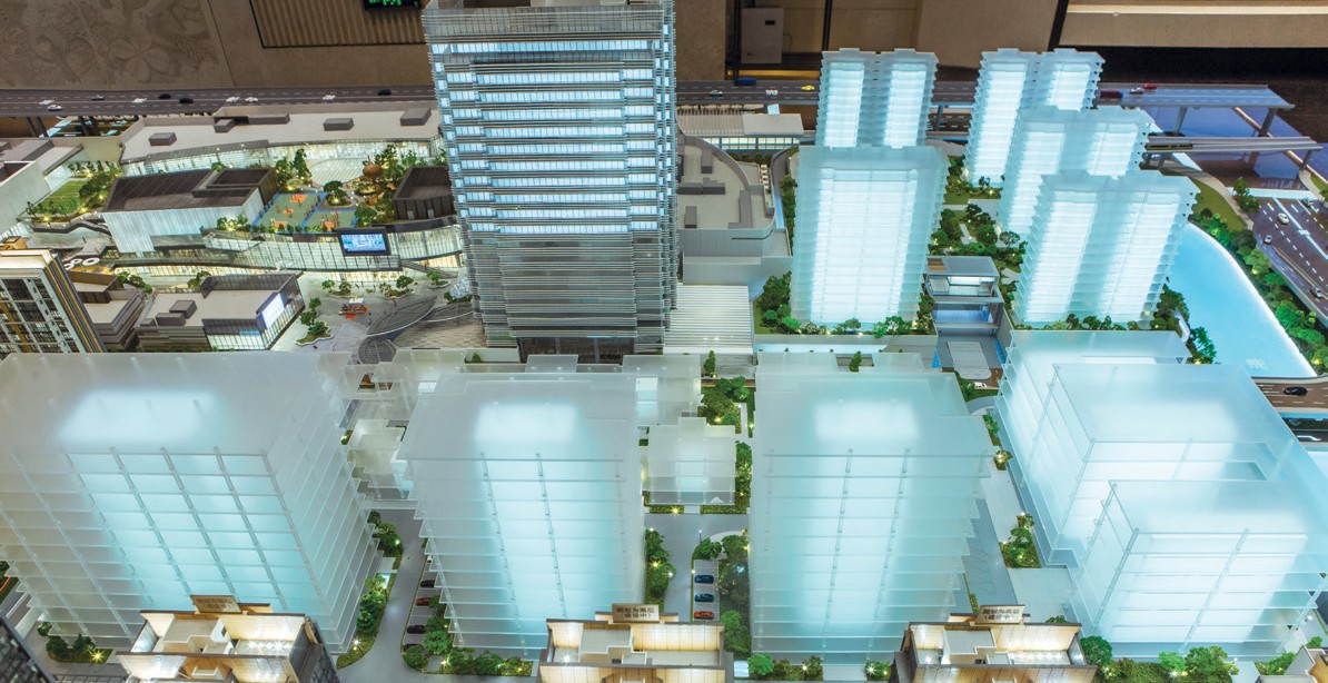 LED integrated window display model with zoning lighting for sales gallery presentation