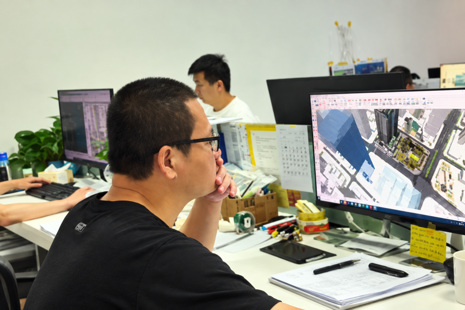 Architectural model factory production floor layout showing workstations and assembly areas