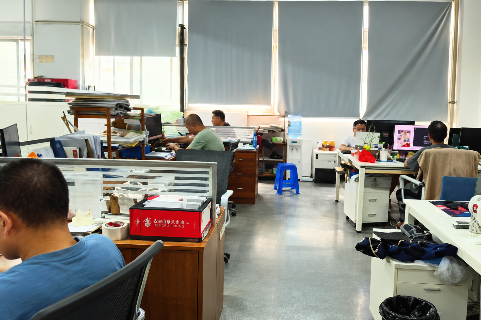 Architectural model production floor layout showing workstations and fabrication areas