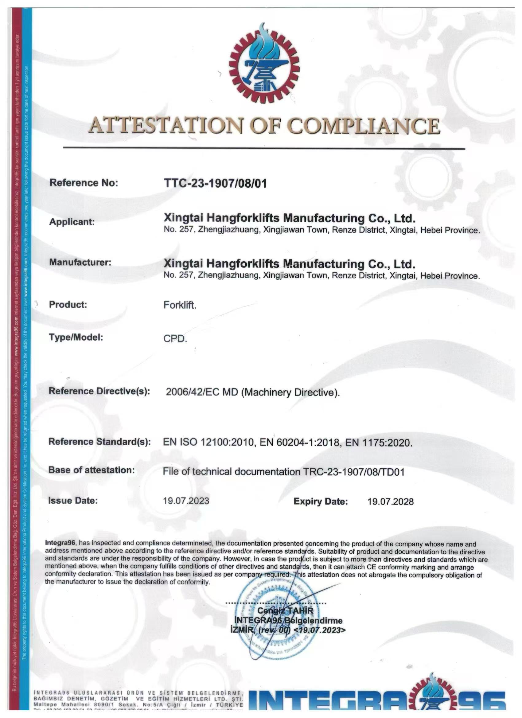 CE certificate for CPD series electric forklifts