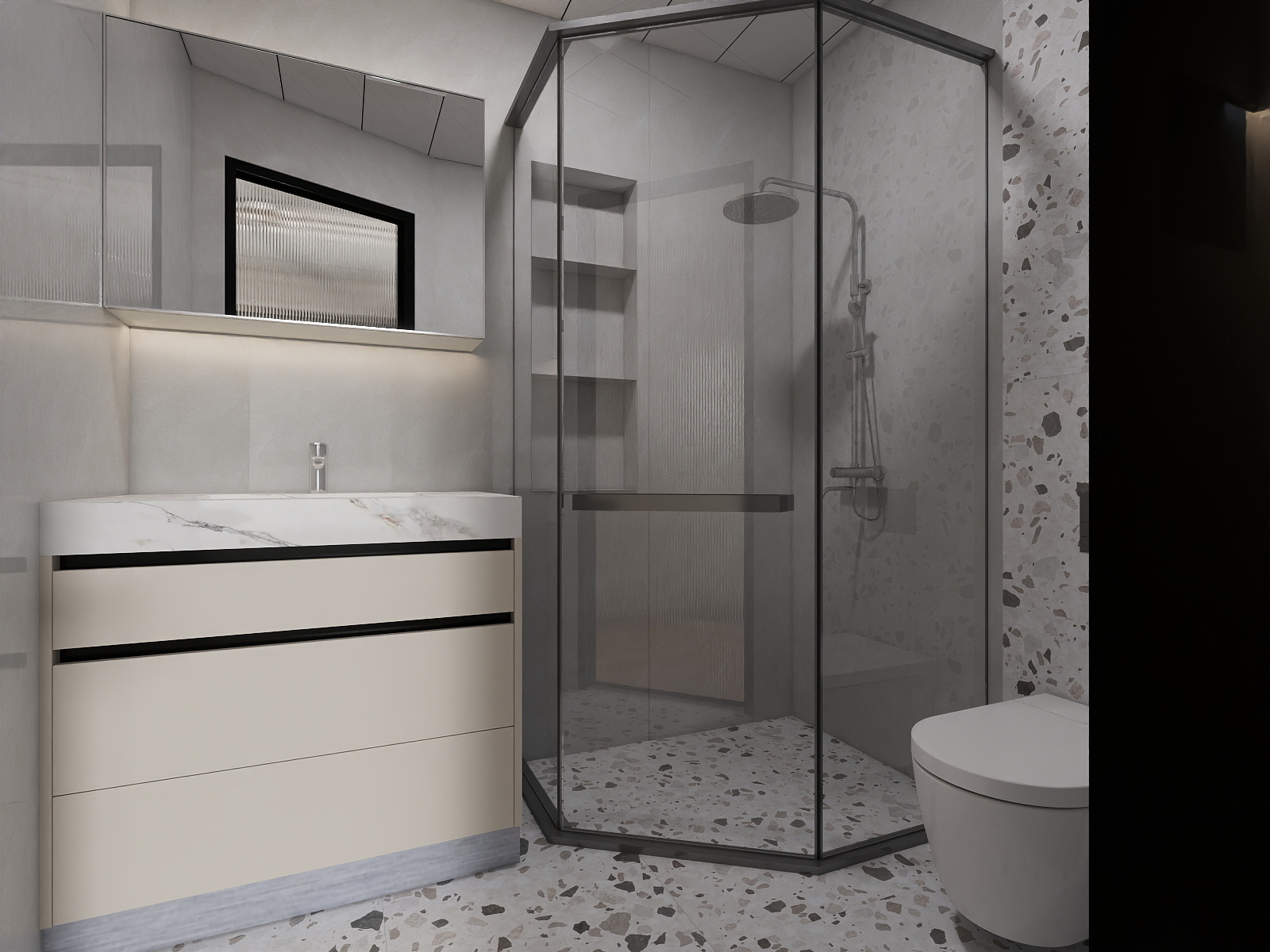 Finished custom bathroom vanity cabinet with countertop integration