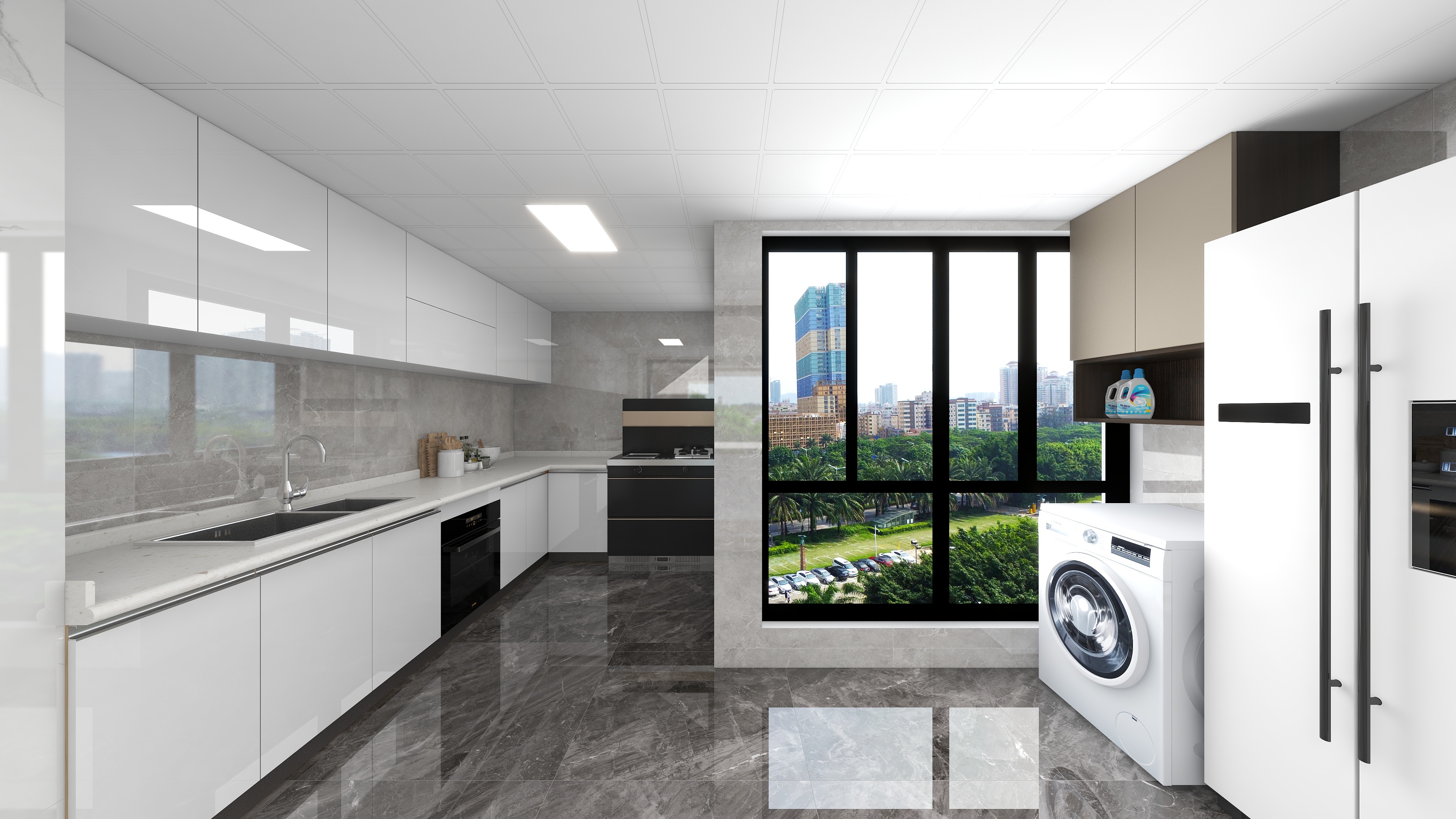 Custom kitchen cabinet installation with coordinated countertop and appliances