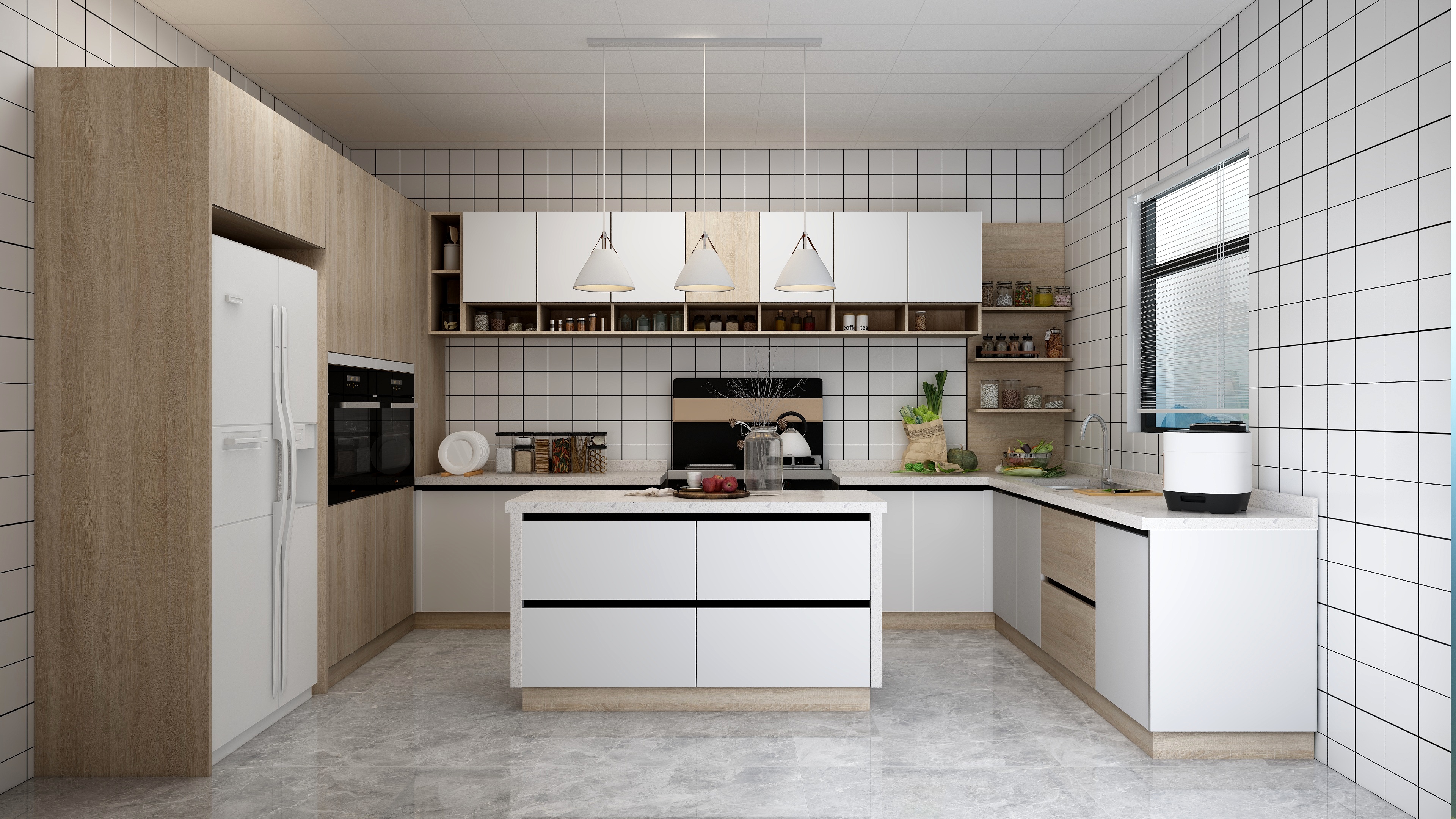 Custom kitchen cabinetry produced as part of a whole-house custom cabinetry range with integrated stone countertop