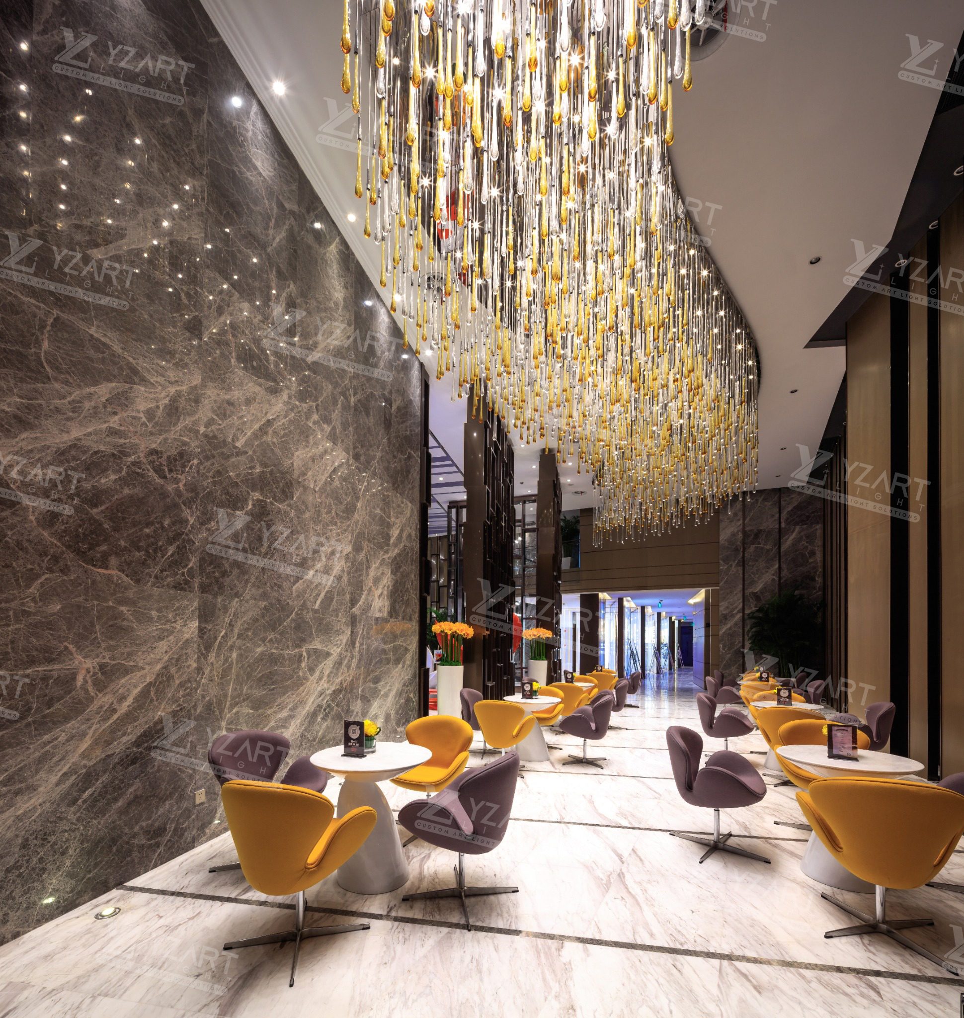 Bespoke Extra Long Gradient Amber Teardrop Glass Rod Chandelier for Luxury Hotel Lounge Corridor