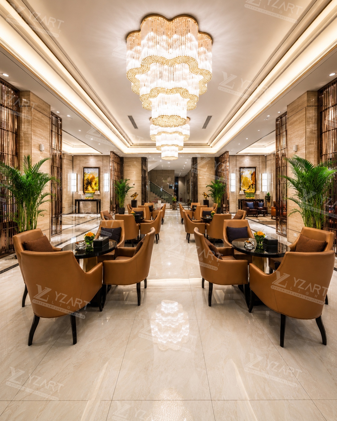 Bespoke Long Multi-Layer Scalloped Cloud Crystal Chandelier for Luxury Hotel Guest Lounge Corridor