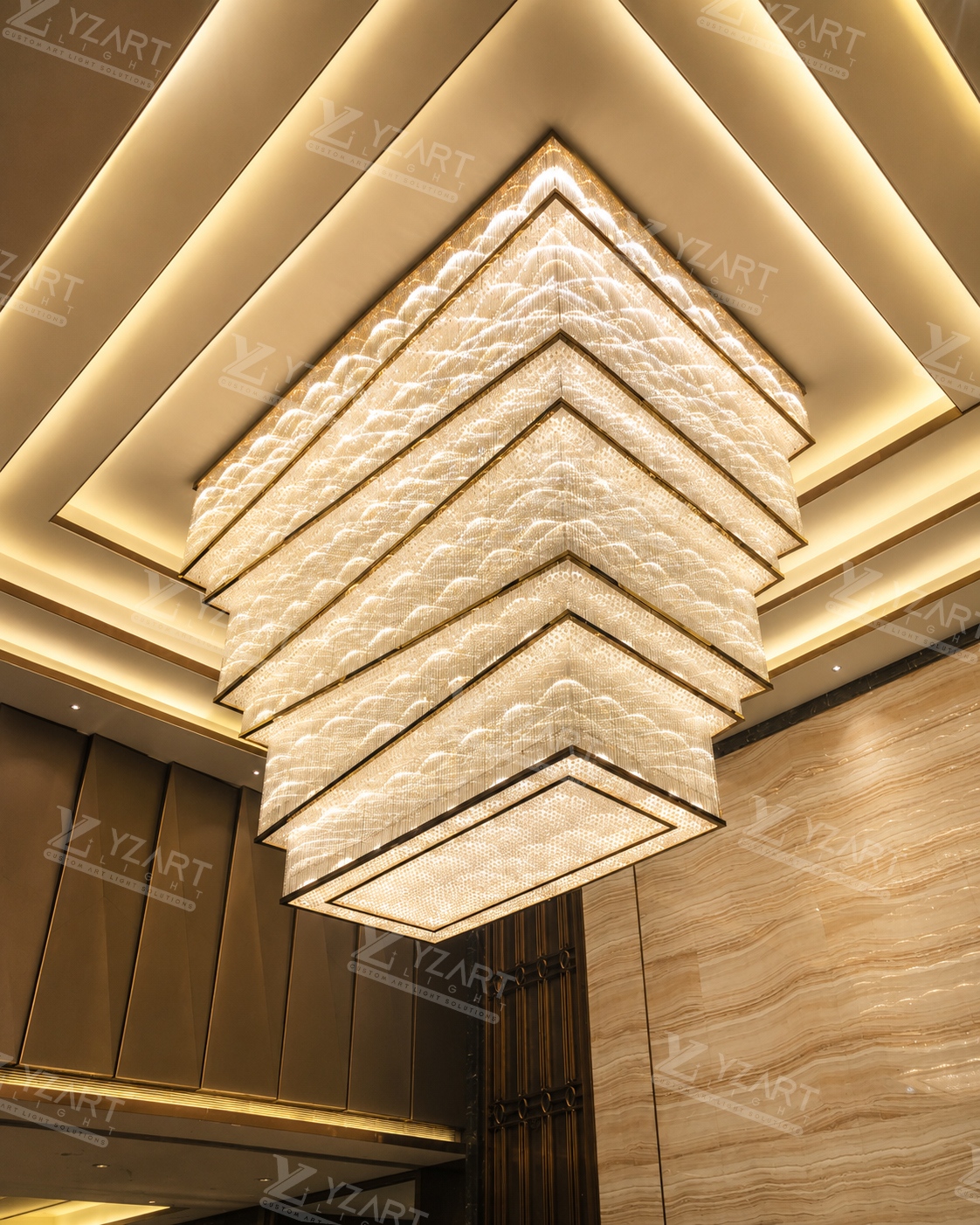 Bespoke Multi-Layer Stepped Rhombus Gold Frame Crystal Ceiling Light for Luxury Hotel Grand Lobby