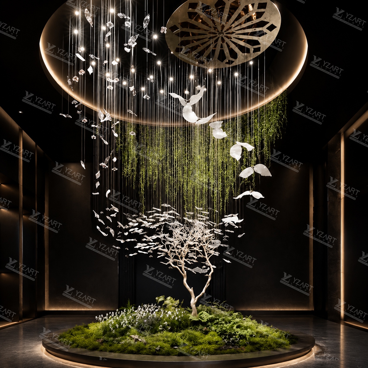 Bespoke Suspended Transparent Leaf Bird Pendant Light with Green Vine for High-End Hotel Lobby Installation Project