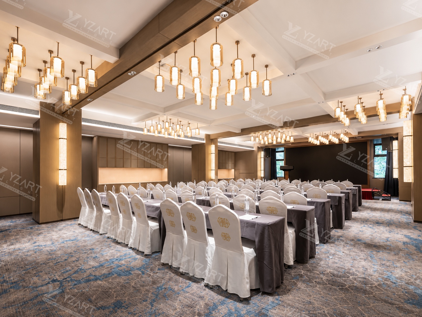 Commercial Tiered Long Glass Pendant Fixture for Hotel Wedding & Conference Dining Hall