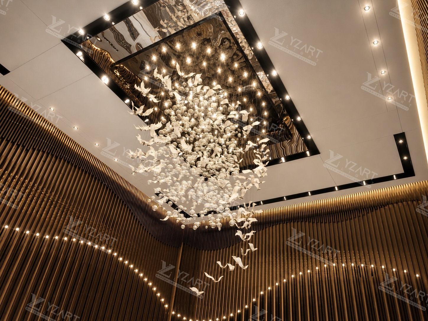 Custom Cluster Bird Glass Art Sculpture Lamp Creates Flowing Dynamic Visuals for Modern High-Ceiling Reception Space