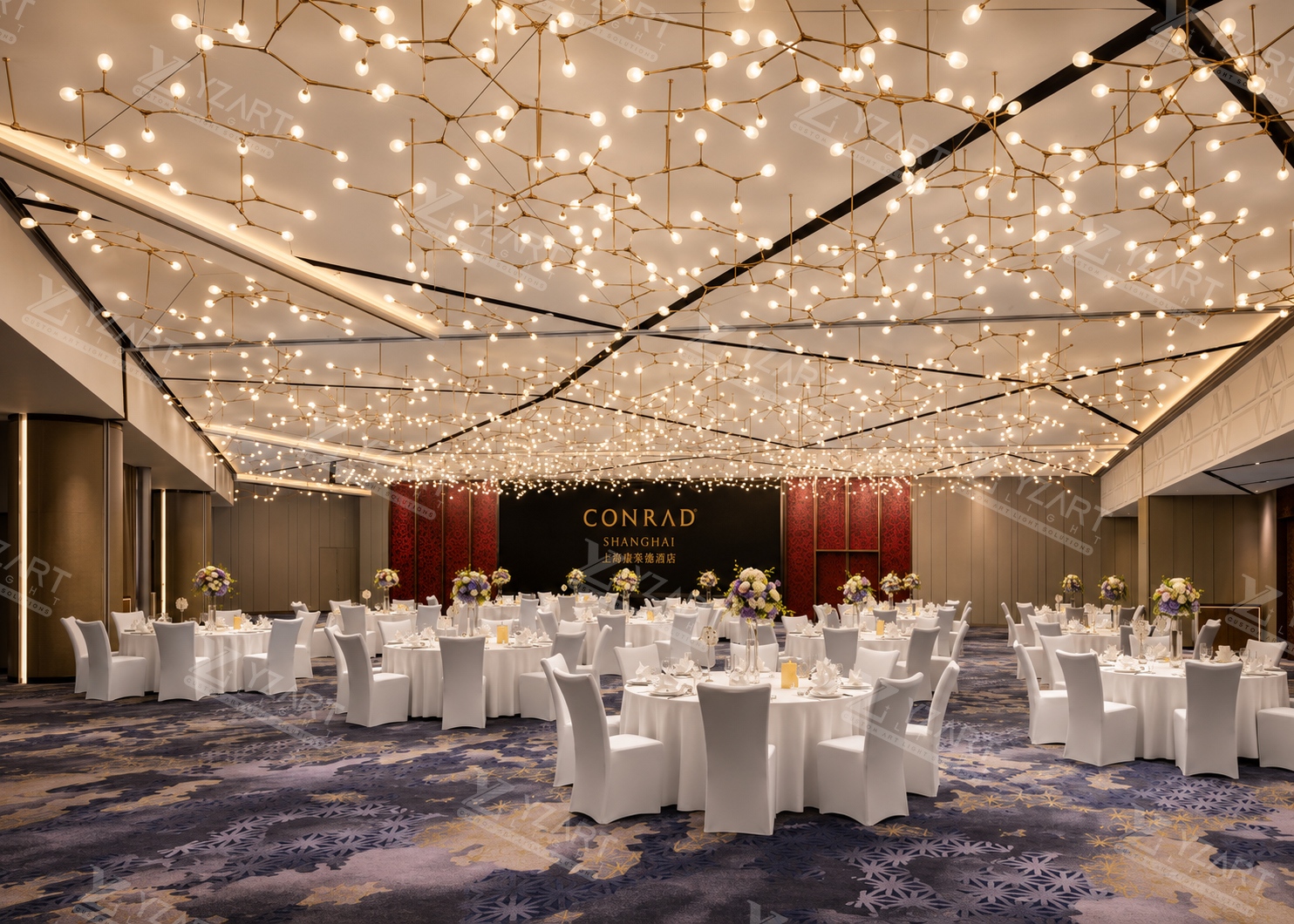 Custom Golden Branch Starry Sky Molecular Pendant Light Large Irregular Network Bubble Ball Ceiling Lamp for 5-Star Hotel Conrad Banquet Hall & Wedding Ballroom Engineering Lighting