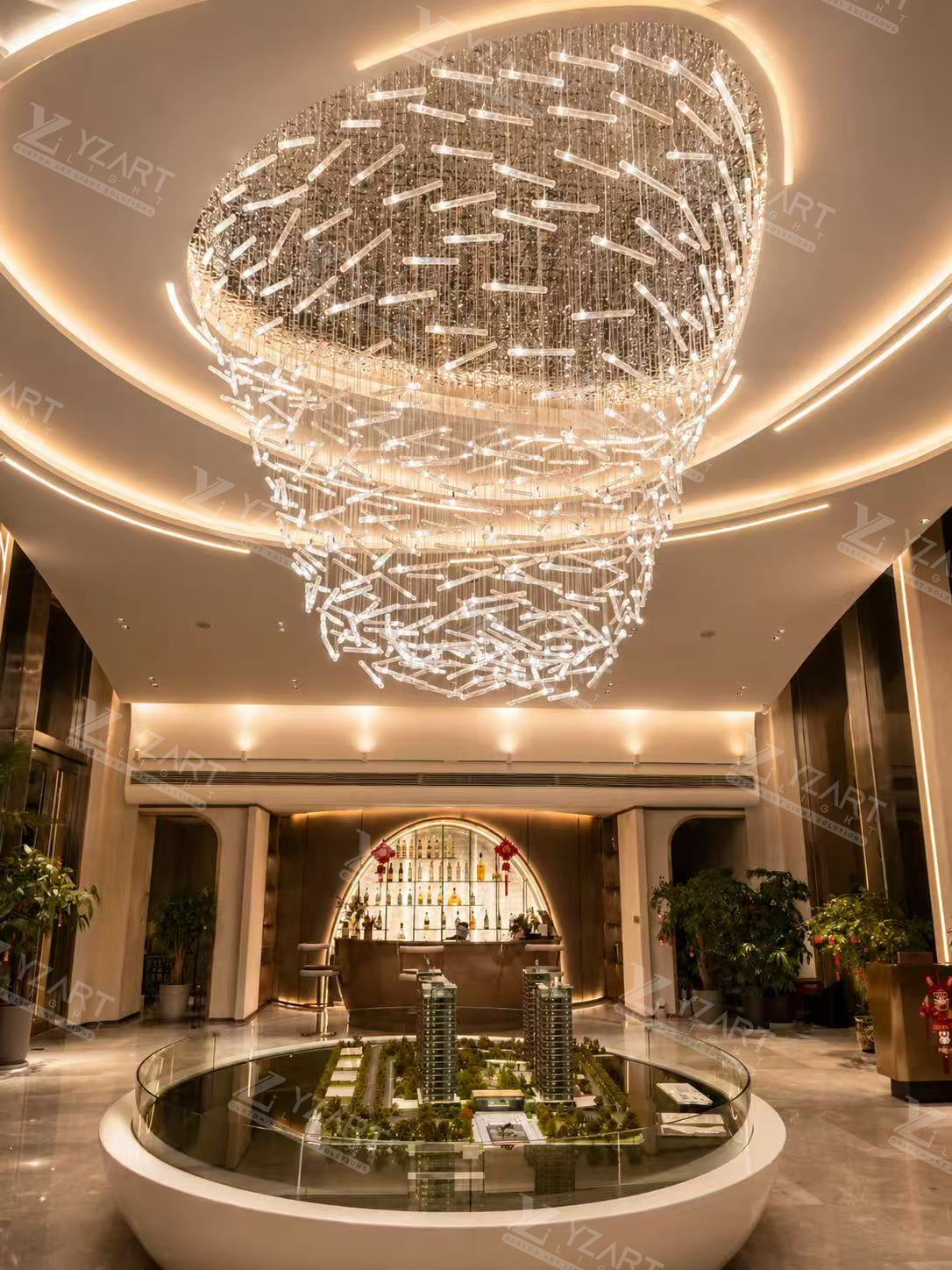 Custom cascading crystal glass rod chandelier for luxury hotel lobby